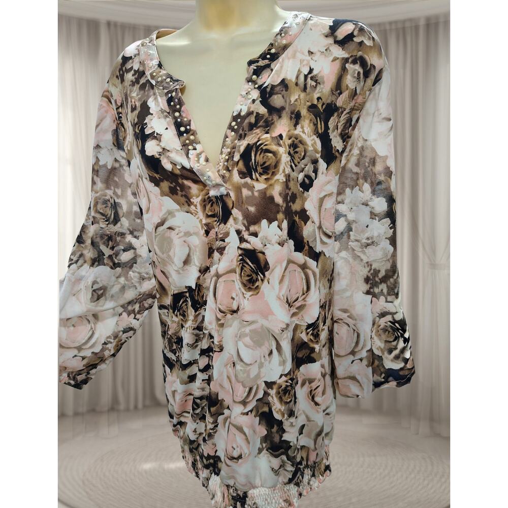 STYLE & CO Women's Plus Floral Blush Blouse Sz 3x Pink Faux Pearl & Diamond